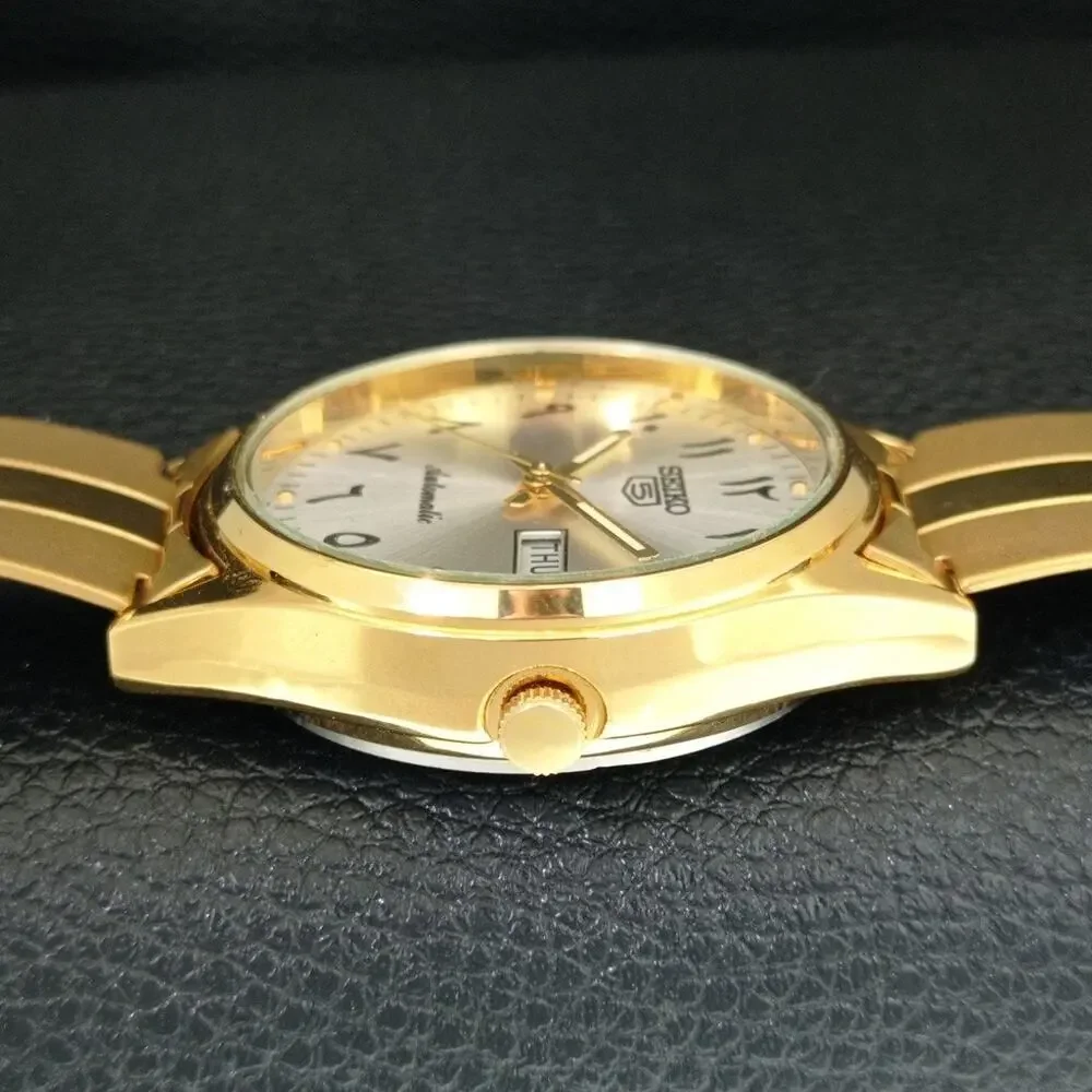 Vintage 1980 Seiko Automatic Mens Gold Watch W/daydate & Arabic accents